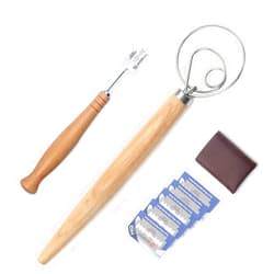 DUNCHATY Danish Dough Whisk and Bakers Bread Lame Tool for Baking Cake Pizza, Stainless Steel Dough Scoring Knife with 5 Replacement Blades Leather Storage Cover, Lame Bread Dough Whisk Slashing Tool