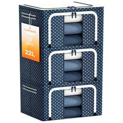 Furnhome Clothes Storage Organizer Bins, Foldable Storage Bins-Oxford Cloth Steel Frame Storage Box for Clothing Storage with Foldable Clear Window & Reinforced Handles (Navy Dots, 22L, 3PCS)…