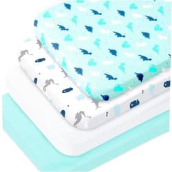 SPRINGSPIRIT Bassinet Fitted Sheets 4 Pack Compatible with Koolerthings (3 in 1), IKOMZY, Mereryi, Pamo Babe and Ihoming Bedside Bassinet, Ultra Soft and Skin-Friendly, Aqua Dinosaurs & White Ocean