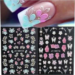 FBABFBUO Flower Nail Art Stickers Decals 5D Embossed Flowers Nail Decals 3PCS Colored Floral Five-Petaled Flowers Butterfly Design Manicure Adhesive Sliders Flower Sticker for Nails Women Nail Art Decorations