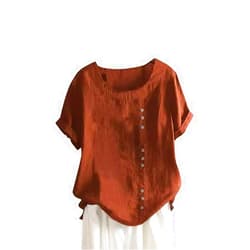 DMOYALA Women's Cotton Linen Shirts Short Sleeve Crewneck Blouse Button Casual Loose Fit T Shirt Tunic Tops for Summer