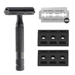 Rockwell Razors 6S Black Stainless Steel Double-Edge Safety Razor for Men and Women with 6 Adjustable Shave Settings and 25 Fully Recyclable Eco Razor Blades