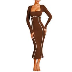 MAYFASEY Women's Square Neck Long Sleeve Dress Contrast Binding Cocktail Party Club Long Dress Back Slit Maxi Dress