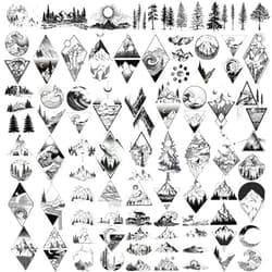 GOROMON 52 Sheets Small Black Mountain Temporary Tattoos For Men Women Adult, Geometric Sea Weave Forest Pine Tree Realistic Tattoo Sticker For Kids Children, Moon Sun Star Triangle Tatoos Outer Space