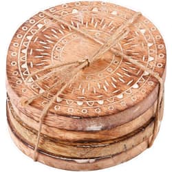 Home Essentials & Beyond Home Essentials Artisan Market Whitewash Etched Wood Round Coasters Set of 4