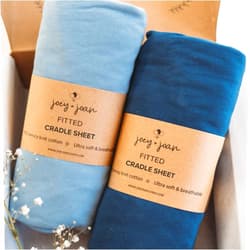Joey + Joan Cradle Sheets Fitted 18 x 36 Inch – Snuggly Soft 100% Jersey Cotton – Dusty Blue + Navy – 2 Pack