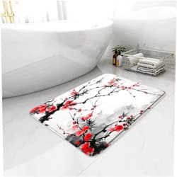 BNYARH Japanese Floral Bath Mat Red Cherry Blossom Plum Blossom Asian Ink Art Vintage Bathroom Rug Microfiber Memory Foam Home Decor Rugs 16X24 Inch