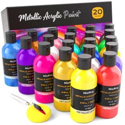 Nicpro Metallic Acrylic Paint Set (8.45 oz, 250 ml), 20 Colors Large Acrylic Paint Bulk, Non Toxic Art Painting Supplies for Multi Surface Canvas Rock Wood Leather Stone Metal Craft with Color Wheel