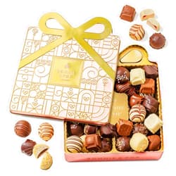 BONNIE AND POP Mothers Day Chocolate Gift Basket, Candy Food Gifts Arrangement Platter, Gourmet Snack Gift Bow Tin Box, Present Idea, Stocking Stuffer, Corporate Him & Her, Men Women Family Parties- Gourmet Belgian Truffles- Pink- Bonnie & Pop
