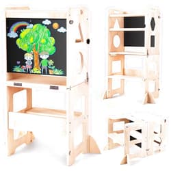 Woodure 4-in-1 Toddler Kitchen Step Stool, Foldable Learning Standing Tower with Blackboard, Wooden Kitchen Stool Helper for Kids, 1-3 Year Old Boy Girl Gifts