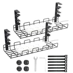 COSYAWN Under Desk Cable Management Tray, No Drill Steel Desk Cable Organizers, Wire Management Tray Cable Management Rack, Desk Cable Tray with Wire Organizer and Desk Cord Organizer Black, 2 Pack