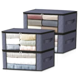 HomeHacks Storage 4-Pack Clothes Organizer Storage Bags Foldable Storage Box with Large Clear Window Sturdy Handles for Closet, Dorm, Pillows, Bedding, Clothes, Stuffed Toys, Blankets, Grey