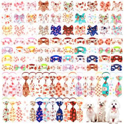 Reginary 100 Pieces Dog Bow Tie Collar Set Include 30 Pcs Dog Neckties, 30 Pcs Collar Flowers and 40 Pcs Dog Bow Ties, Adjustable Dog Bows for Small Medium Dogs Supply (Bear Pattern)
