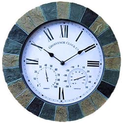 CHLDDHC Outdoor Garden Wall Clock, 14 Inch Large Retro Resin Garden Clock with Thermometer and Hygrometer Waterproof Outdoor Clock Indoor Outdoor Decoration Mute Quartz Outside Clock Earth