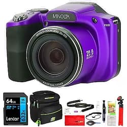 Minolta MN35Z-P 20MP 35X Optical Zoom Wi-Fi Bridge Camera, Purple Bundle with Bundle with Lexar Professional 633x 64GB UHS-1 SDXC Memory Card and Deco Gear Camera Bag (Small) with Accessory Kit
