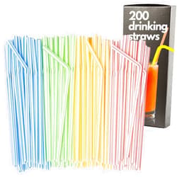 HOGOWARE Pack of 200 White Striped Plastic Drinking Straws, Flexible and Reusable Bendy Straws for Coffee, Smoothies, and Cocktails - Disposable Stir Sticks for Kids' Milkshakes, Birthday Parties, and Events