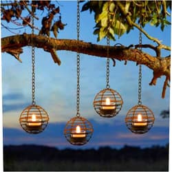 TWINKVILLA Solar Hanging Lanterns Outdoor Waterproof, Rust Iron Ball Candle Holder with Flickering Solar Powered Tea Lights, Perfect Chargeable Solar Lights for Backyard Patio Garden Fence Tree Decoration-4Pack