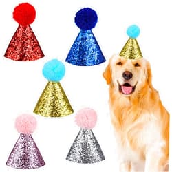 DIVINA VITAE Lusofie 5Pcs Dog Party Hat Small Cat Birthday Hat with Pompoms Gilter Adjustable Mini Party Hats for Stuffed Animals Kittens Dogs Animals Party Costume Accessories
