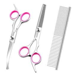 GEMEK Dog Grooming Scissors with Safety Round Tips Stainless Steel Professional Dog Grooming Kit - Thinning, Curved Scissors and Comb for Cat Pet (Pink 4 in 1)