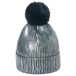 IHAUIUE Metallic Beanie Hat Fashion Solid Color Skull Cap Knit Cuffed Watch Hats with Removable Fur Pom Pom