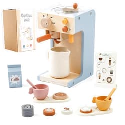 EERKEOD Toy Coffee Maker for Kids Wooden Kids Coffee Maker Playset for Toddlers Play Kitchen Accessories Gift for Girls and Boys
