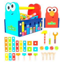 KIDS PREFERRED Sesame Street Wood Toolbox with Building Toys for Toddlers