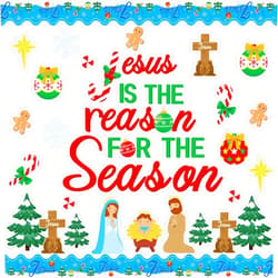 YUUIKLLE 113Pcs Jesus is The Reason for The Season Cutouts Bulletin Board Decoration Set Christmas Trees Cross Snow Nativity Christian Faith Religious Sunday Classroom Chalkboard Wall Winter Party Decor