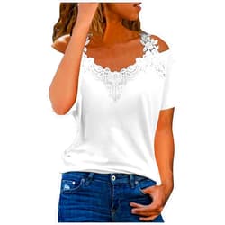 GOFULY Boho Tops for Women Short Sleeve Blouses Casual Graphic Tees Cold Shoulder Blouses Lace V Neck Solid Color Clothes