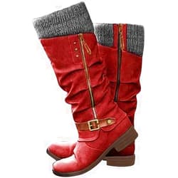 Generic Knee High Boots for Women Mid Calf Sweater Knitted Ruched Cuff Snow Boots with Buckle Accent Zipper Winter Shoes