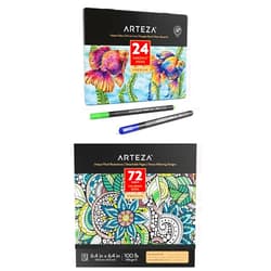 ARTEZA Inkonic Fineliner Pens, Set of 24 and Coloring Book for Adults 6.4 x 6.4 Inches