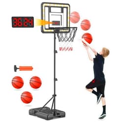 Flybakiz Kids Indoor Basketball Hoop with Scoreboard & Timer,Toddler Adjustable Height 3ft-5.8ft Basketball Hoop with Stand Goal Toy for Outdoor Backyard,Sports Game Play for Boys Age 3 4 5 6 7 8
