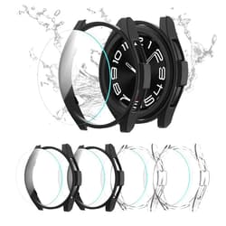Cuteey [4+4 Pack] for Galaxy Watch 6 Classic Screen Protector Case 43mm Accessories, Hard PC Bumper Cover with Anti-Fog Tempered Glass Film for Galaxy Watch 6 Classic,Black/Black/Clear/Clear