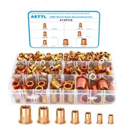 AETTL Rivet Nuts Kit, AETTL 413pcs SAE UNC Rivet Nuts Assortment, Zinc Plated Finish, Carbon Steel Flat Head Rivet Nut Kit with Case 6#-32,8#-32,10#-24,1/4-20, 5/16-18, 3/8-16, 1/2-13