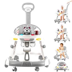Godmy Baby Walker, 4-in-1 Foldable Baby Walkers and Baby Activity Center with Toys Tray,3-Gear Height Adjustable Infant Toddler Baby Walker with Wheels for Baby Boys and Girls 6-24 Months(Grey)