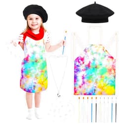 XLSXEXCL 14Pcs Kids Artist Costume Accessories Set with Tie Dye Apron Beret Hat Painting Brush Drawing Palette Necklace for Halloween Painter Dress Up