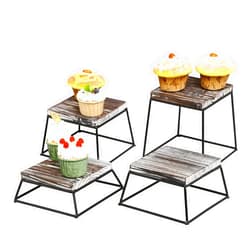 MyGift Torched Wood Cupcake Stand, Square Food Dessert Display Riser, Retail Stand with Black Metal Wire Frame, Set of 4