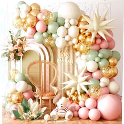 FEYG Sage Green Pink Balloon Arch Garland Kit, Sage Green Pink Sand White Beige Balloons with Gold Confetti Balloon Star Balloons for Jungle Safari Bridal Baby Shower Birthday Party Decoration