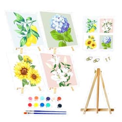 SupaDiya Framed with Easel 4 Pcs DIY Paint by Numbers Kit for Adults Beginners, Flower Lemon Easy Acrylic Watercolors Oil Number Painting Art on Canvas with Easel for Home Wall Decor and Gift 8x8inch