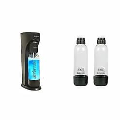 DrinkMate Sparkling Water and Soda Maker - Matte Black (Does Not Come with CO2 Cylinder) & Black 1L Carbonating Bottles (2 Pack), 1 Liter