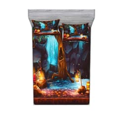 Lunarable Fantasy Fitted Sheet & Pillow Sham Set, Enchanted Forest Cave Waterfall and Magic Tree Cask Colorful Elf Image, Decorative Printed 3 Piece Bedding Decor Set, Full, Brown and Blue