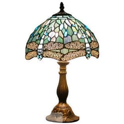 WERFACTORY Tiffany Lamp Sea Blue Stained Glass Table Lamp 12X12X18 Inches Dragonfly Style Desk Reading Light S147 Series