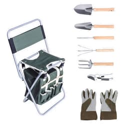 DC DICLASSE Garden Tools Set 9 Pieces, w/Folding Chair, Stainless Steel Heavy Duty Hand Tool w/Organizer Tote Bag, Wooden Handle & Gloves, Gardening Gifts for Men Women Kids
