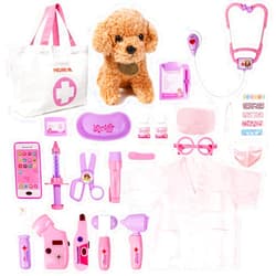 Meland Toy Doctor Kit for Girls - Pretend Play Doctor Set with Dog Toy, Carrying Bag, Stethoscope Toy & Dress Up Costume - Doctor Play Gift for Kids Toddlers Ages 3 4 5 6 Year Old for Role Play