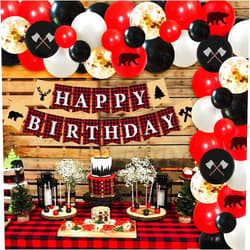 Kreatwow Lumberjack Birthday Party Decorations Balloon Garland Arch Kit Buffalo Plaid Birthday Party Banner Supplies Camping Bear Wild Birthday Decor for 1st 2nd 3rd Boys Girls