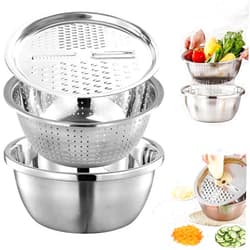 DqsWko Multifunctional Stainless Steel Basin - 2024 New Colander Strainer Set, Salad Spinner Fruit Vegetable Rice Washing Strainer Basket Bowl, Rice Rinser Food Graters with Container(10.2in)