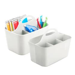 mDesign Plastic Small Office Storage Organizer Utility Tote Caddy with Handle for Cabinets, Desks, Workspaces - Holds Desktop Office Supplies, Pencils, Staplers Lumiere Collection, 2 Pack, Light Gray