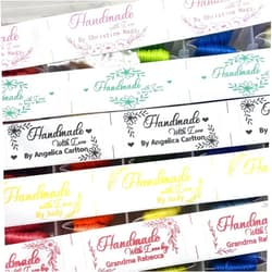 Amesuspes 100 Pieces Custom Sewing Labels for Knitting & Quilting - Personalized Satin Tags for Handmade Crafts and DIY Sewing Projects （ W66mm x L30mm） (Vertical Cartoon Pattern with Text)