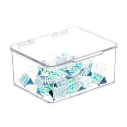 mDesign Small Plastic Home Office Storage Organizer Box Containers w/Hinged Lid for Desktops - Holds Pens, Pencils, Sticky Notes, Highlighters, Staples, Supplies - Lumiere Collection, Clear