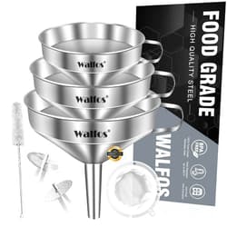 Walfos 3Pcs Kitchen Funnel with 2 Removable Strainer ＆ 1 Cleaning Brush & 1Pc 200 Mesh Food Filter Strainer, Food Grade Stainless Steel Funnel for Transferring of Liquid, Oils, Jam, Dry Ingredients