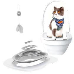 IFASHIHOME Cat Toilet Training Kit,Cat Toilet Training Systems,Reusable Plastic Cat Toilet Trainer for Pet Cleaning with 1 Replaceable Cat Feather Toy,Litter Boxes(White Tray,1 Gray Inner Support)